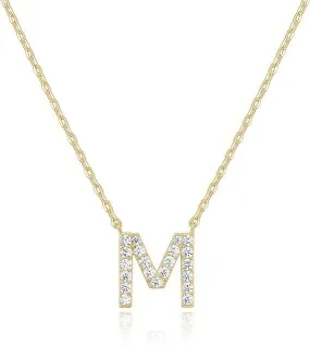 14k Yellow Gold Created White Sapphire Initial M Letter Pendant Necklace Plated