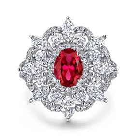 (1.5CT) Ice Cut Red Zircon Sumptuous Flower Silver Ring for Women