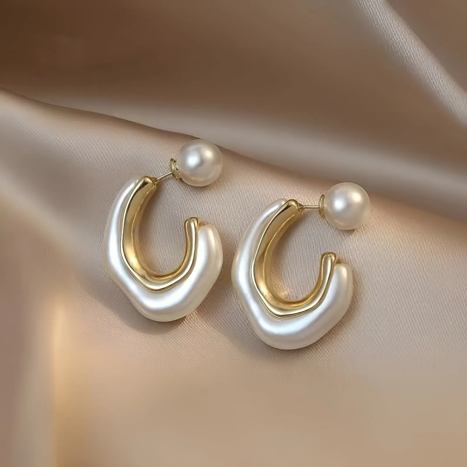 18K Gold Plated Pearl Accent C-Shaped Earrings