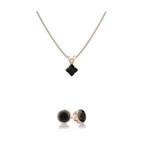 18K Rose Gold 1/2ct Black Sapphire Princess Cut 18 Inch Necklace and Round Earrings Set Plated