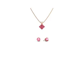 18K Rose Gold 1/2ct Pink Sapphire Princess Cut 18 Inch Necklace and Round Earrings Set Plated