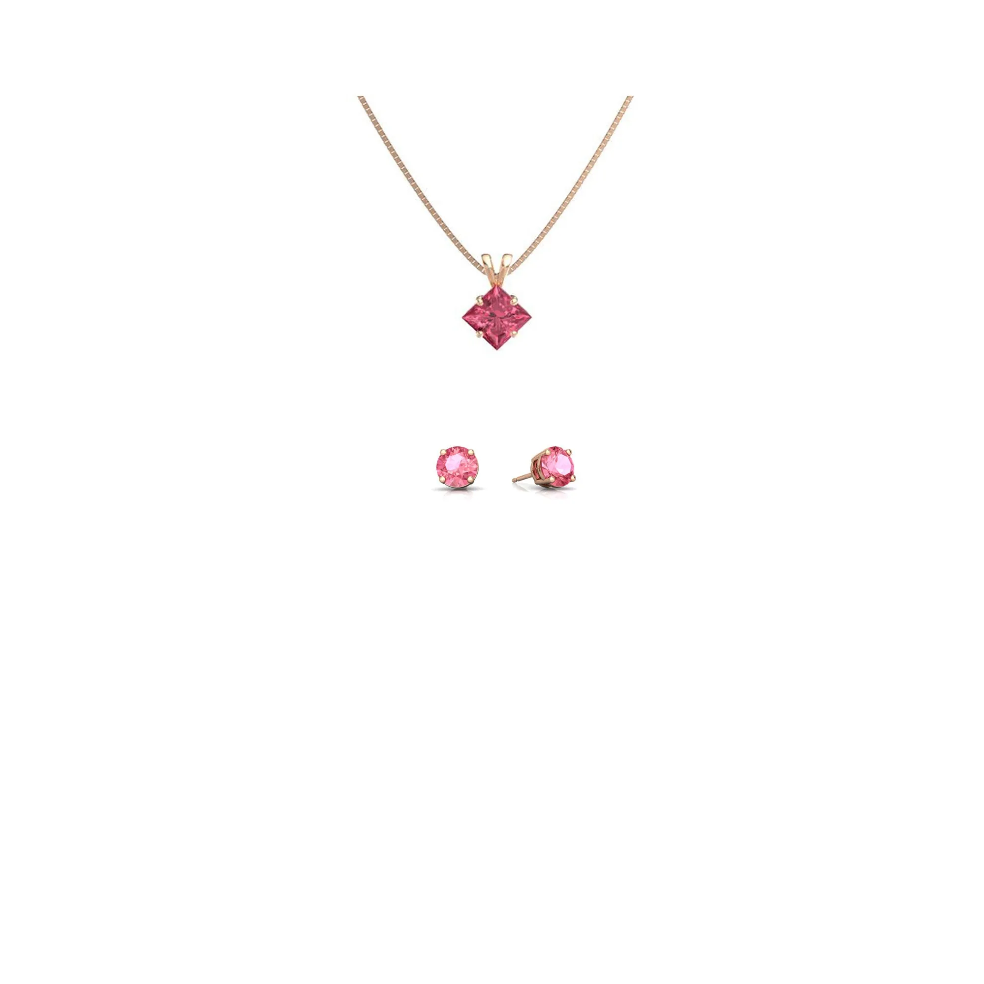 18K Rose Gold 1/2ct Pink Sapphire Princess Cut 18 Inch Necklace and Round Earrings Set Plated