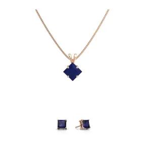 18K Rose Gold 4ct Blue Sapphire Square 18 Inch Necklace and Earrings Set Plated