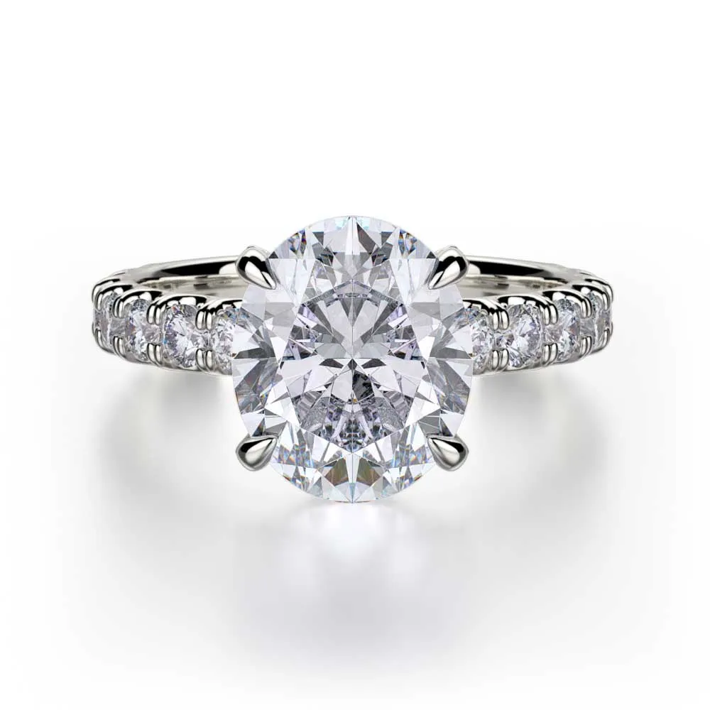 18k White Gold Oval Diamond Engagement Ring with Diamond Hidden Halo and Diamond Prongs