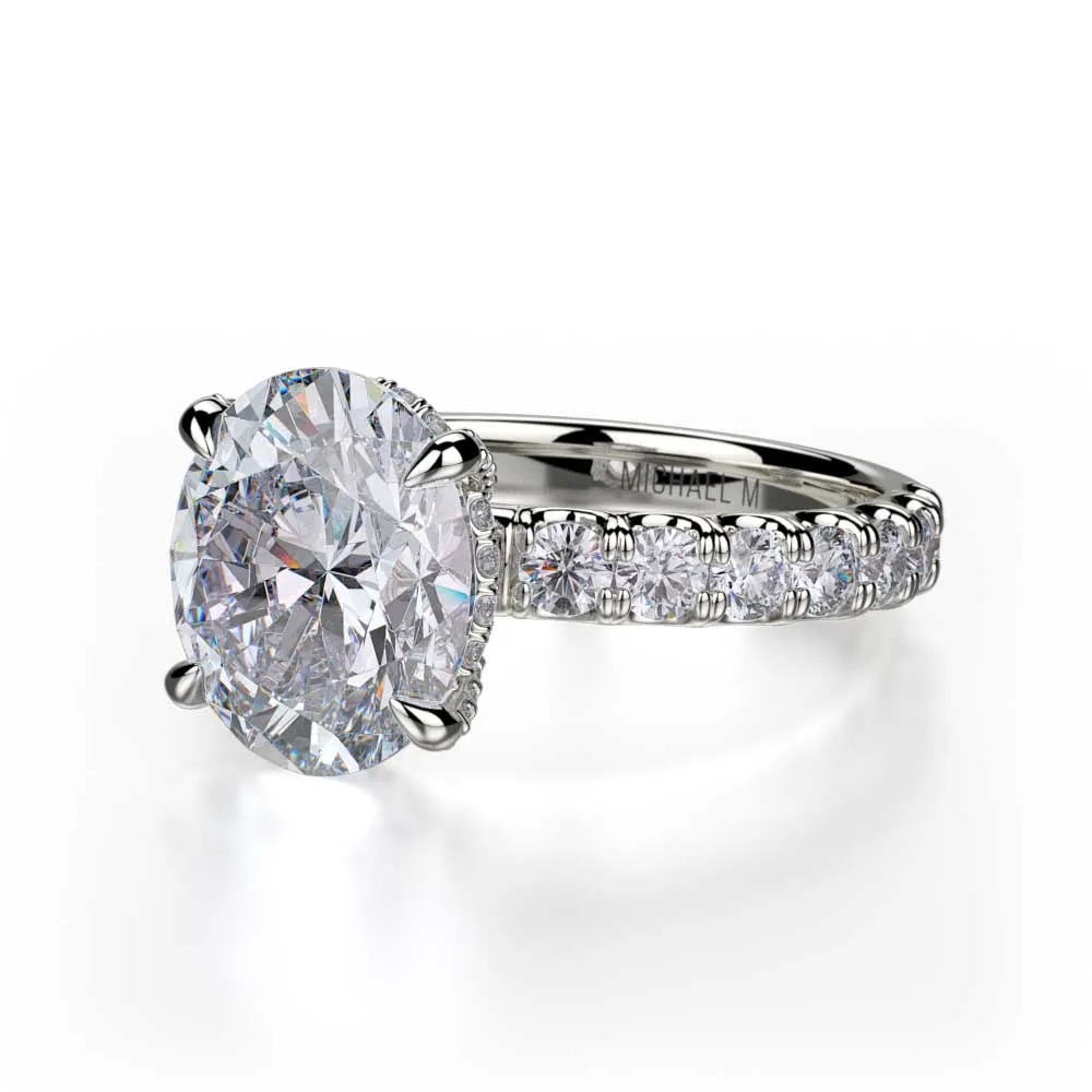 18k White Gold Oval Diamond Engagement Ring with Diamond Hidden Halo and Diamond Prongs