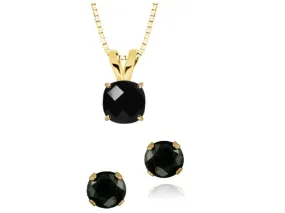 18K Yellow Gold 1ct Black Sapphire Square 18 Inch Necklace and Round Earrings Set Plated