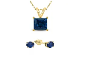 18K Yellow Gold 4ct Blue Sapphire Square 18 Inch Necklace and Round Earrings Set Plated