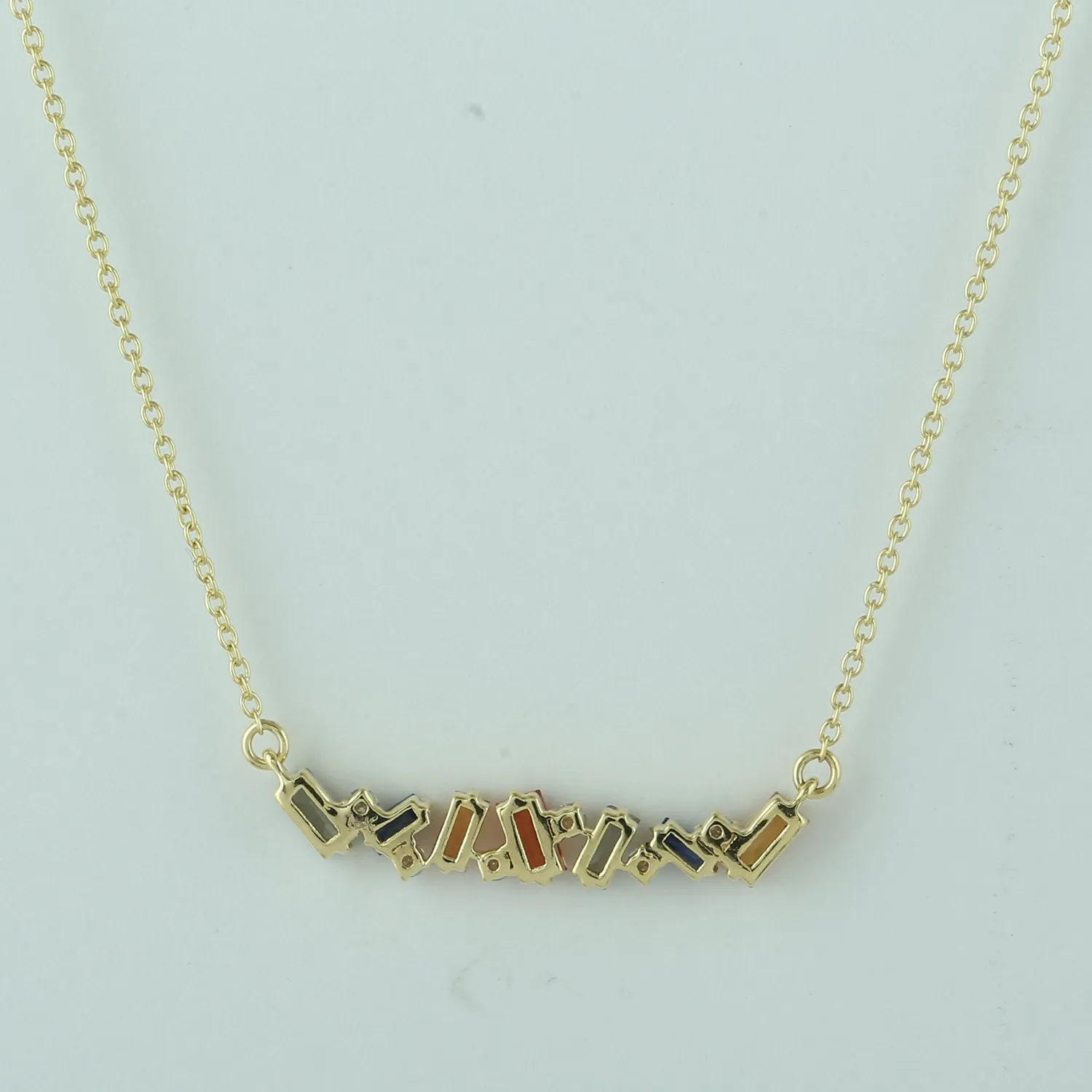 18K Yellow Gold Baguette Multi Sapphire Prong Diamond Chain Princess Necklace Jewelry