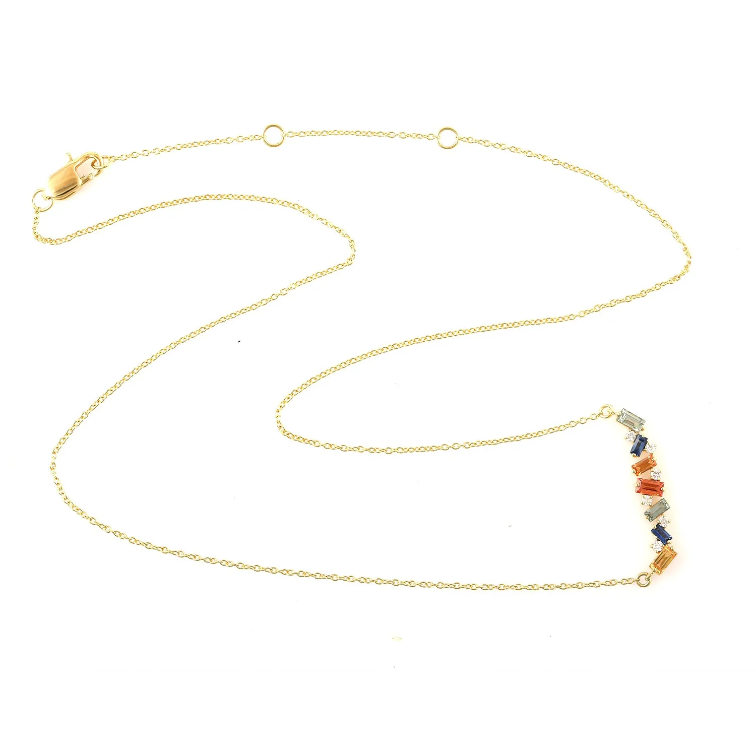 18K Yellow Gold Baguette Multi Sapphire Prong Diamond Chain Princess Necklace Jewelry
