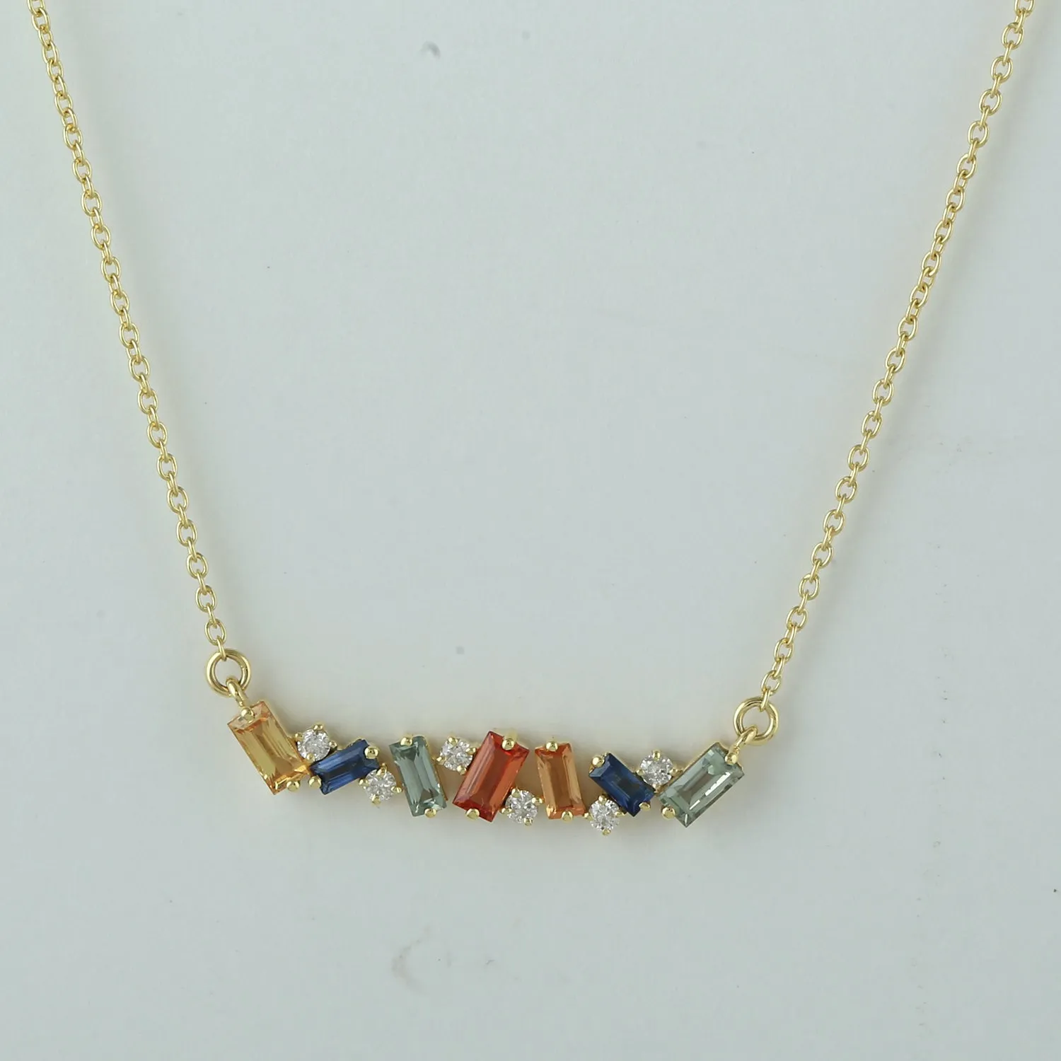 18K Yellow Gold Baguette Multi Sapphire Prong Diamond Chain Princess Necklace Jewelry
