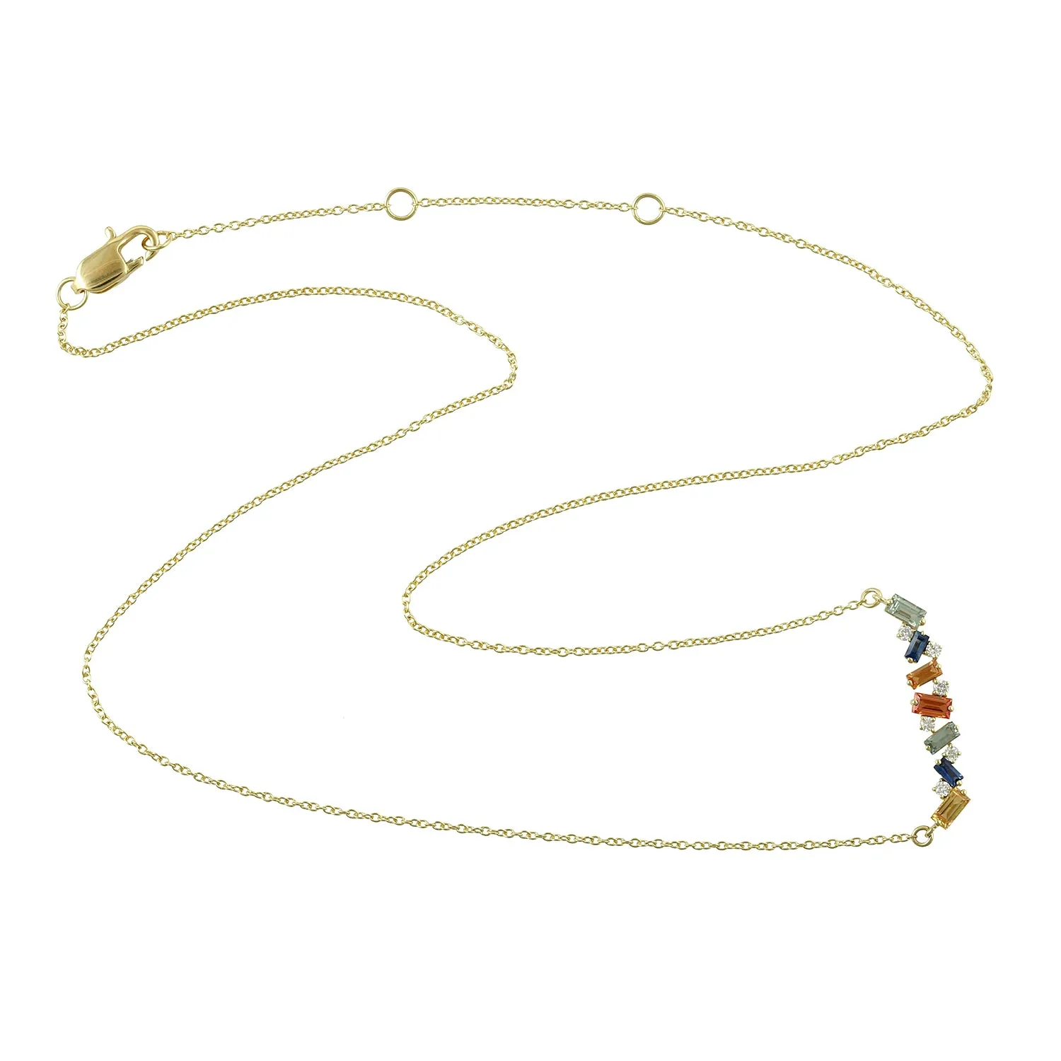 18K Yellow Gold Baguette Multi Sapphire Prong Diamond Chain Princess Necklace Jewelry