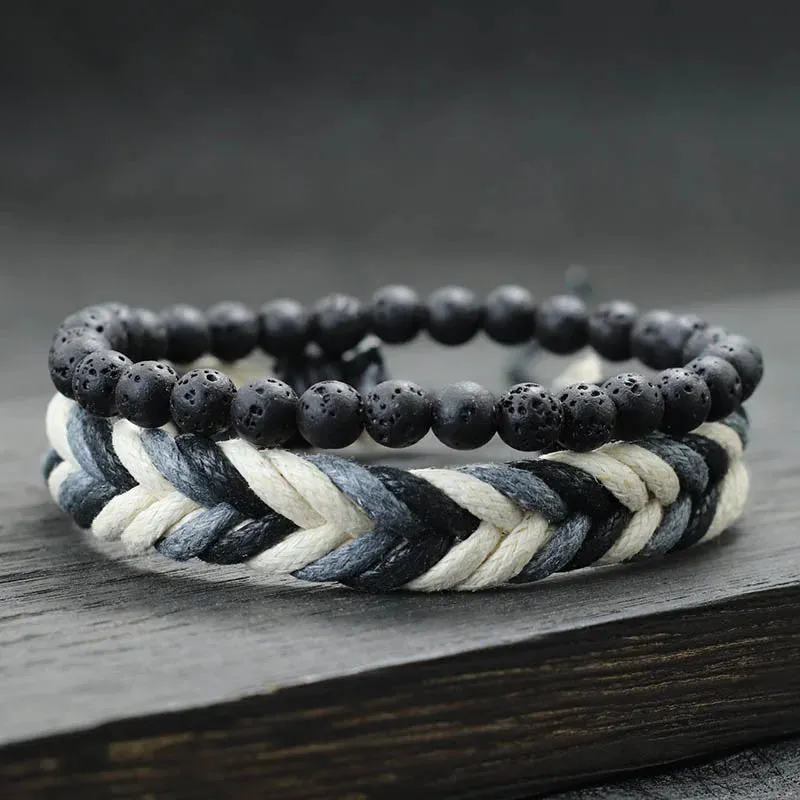2024 2Pcs Mens Bracelet Set Natural Wood Braclet Handmade Weaven Macrame Braslet Volcanic Rock Tiger Eyes Stone Beaded Brazalete