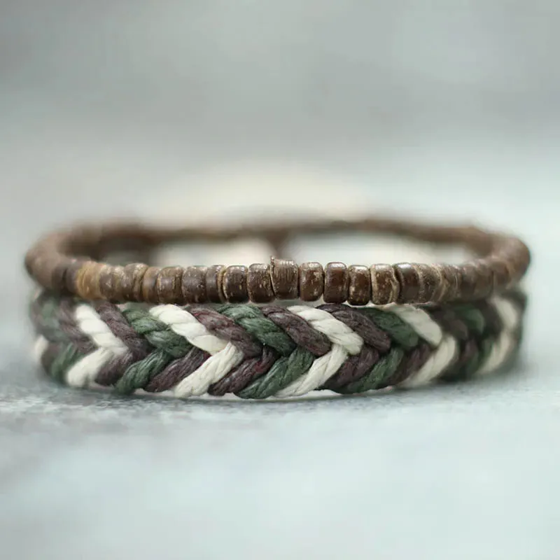 2024 2Pcs Mens Bracelet Set Natural Wood Braclet Handmade Weaven Macrame Braslet Volcanic Rock Tiger Eyes Stone Beaded Brazalete