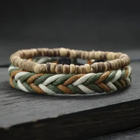 2024 2Pcs Mens Bracelet Set Natural Wood Braclet Handmade Weaven Macrame Braslet Volcanic Rock Tiger Eyes Stone Beaded Brazalete