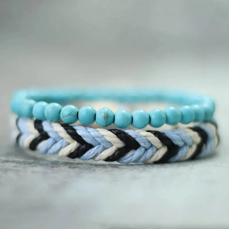 2024 2Pcs Mens Bracelet Set Natural Wood Braclet Handmade Weaven Macrame Braslet Volcanic Rock Tiger Eyes Stone Beaded Brazalete