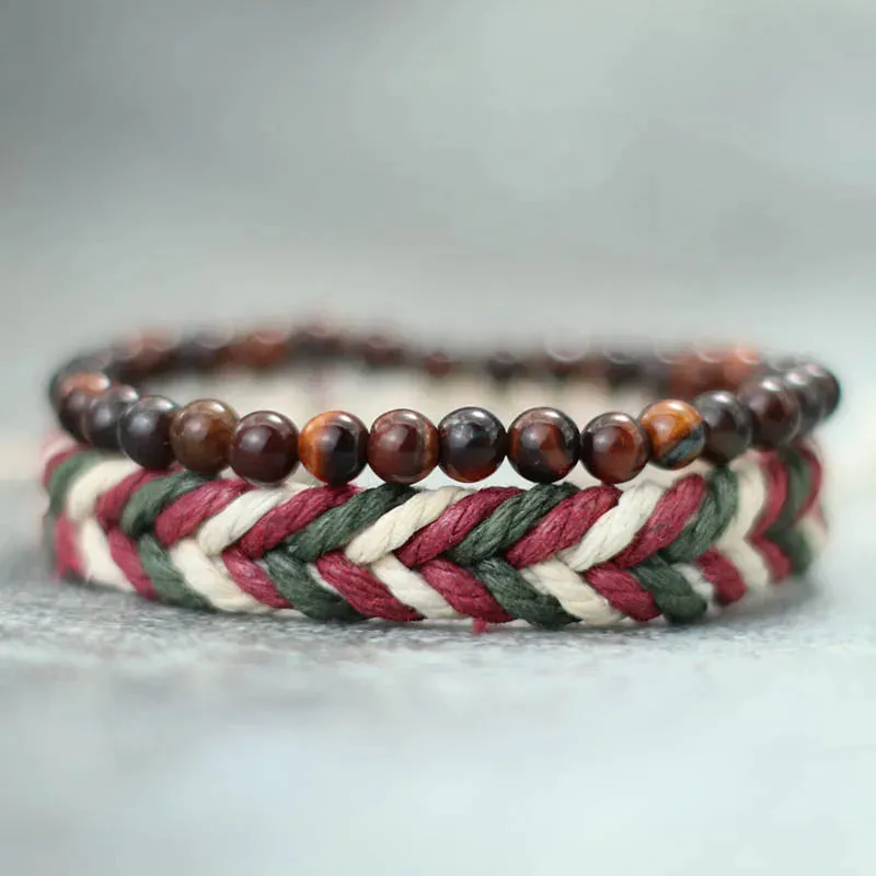 2024 2Pcs Mens Bracelet Set Natural Wood Braclet Handmade Weaven Macrame Braslet Volcanic Rock Tiger Eyes Stone Beaded Brazalete