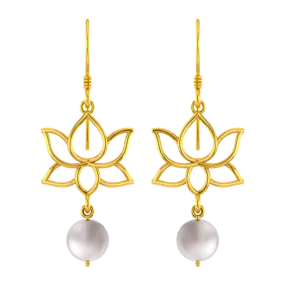 22k Unique Earrings With Gold Lotus Design And A Hanging Pearl