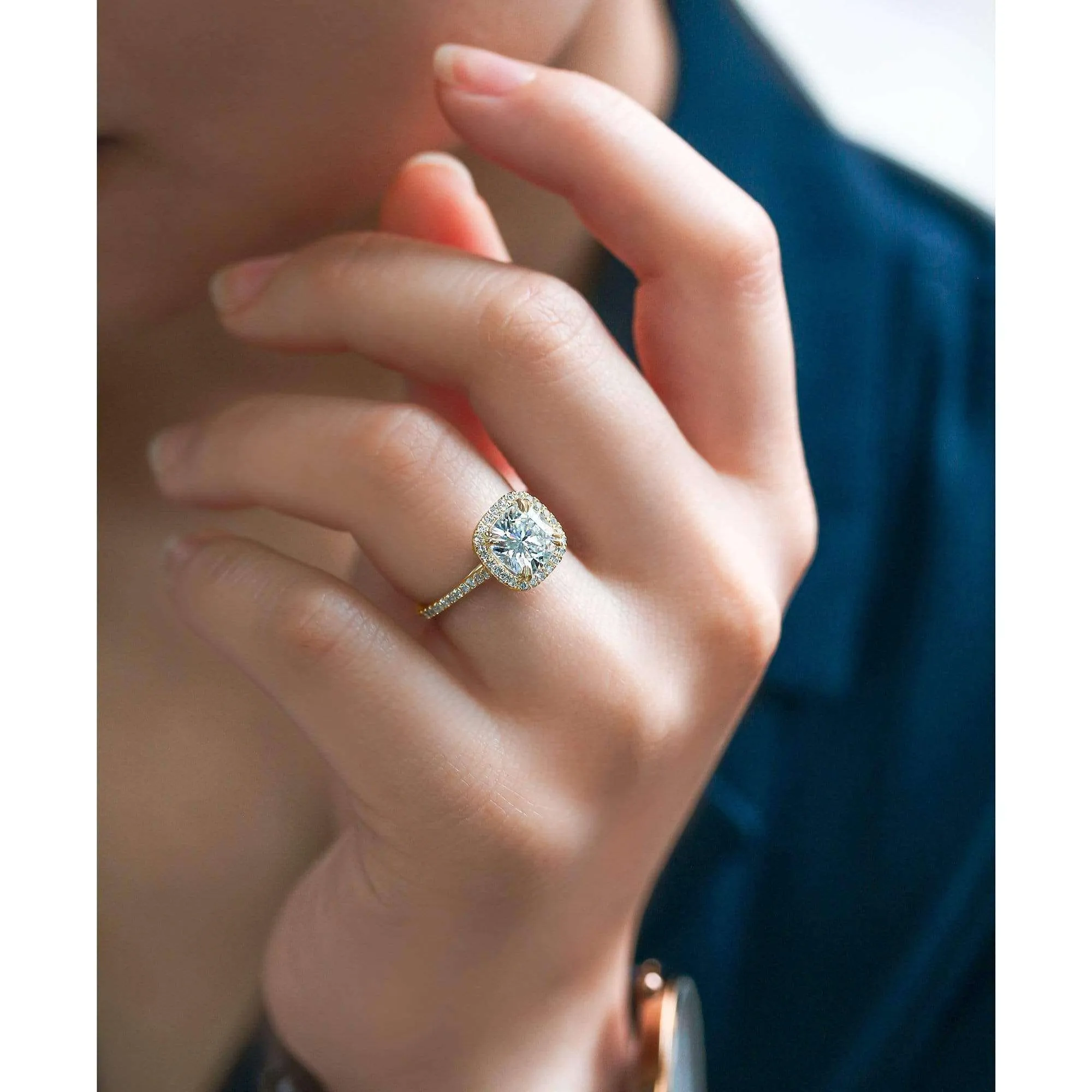 2ct Cushion Moissanite Halo Ring (Natural Diamond Sides)