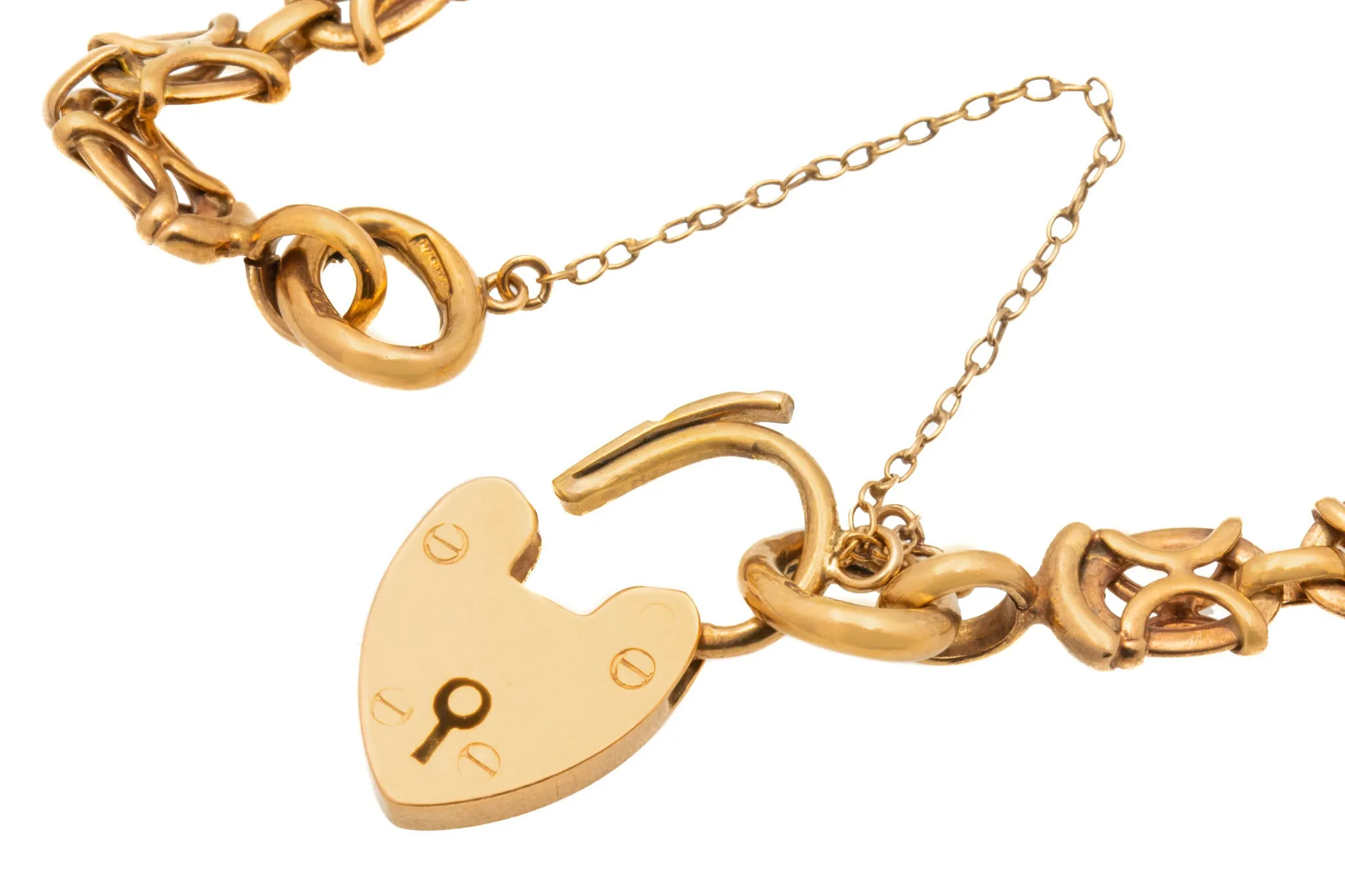 7" Antique 9ct Gold Gate Bracelet with Heart Padlock, 14.5g