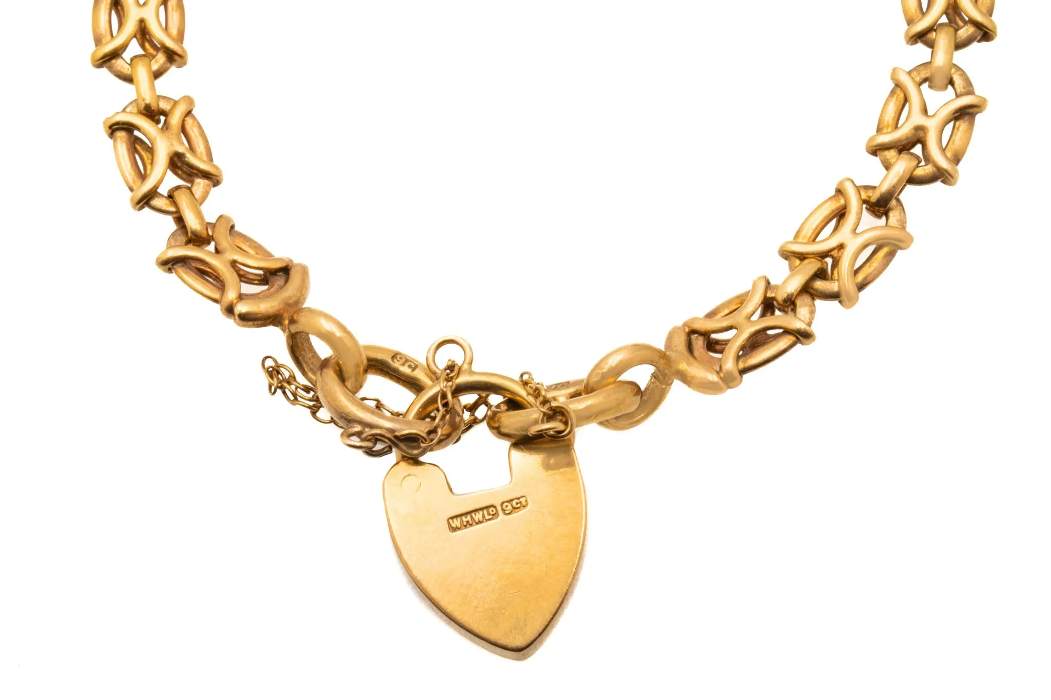 7" Antique 9ct Gold Gate Bracelet with Heart Padlock, 14.5g
