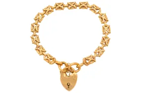 7" Antique 9ct Gold Gate Bracelet with Heart Padlock, 14.5g