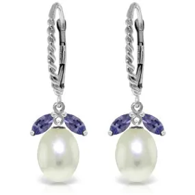 9 Carat 14K Solid White Gold Leverback Earrings Tanzanite Pearl
