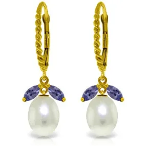 9 Carat 14K Solid Yellow Gold Leverback Earrings Tanzanite Pearl