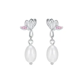 925 Silver Magnolia Flower CZ Diamond Earrings