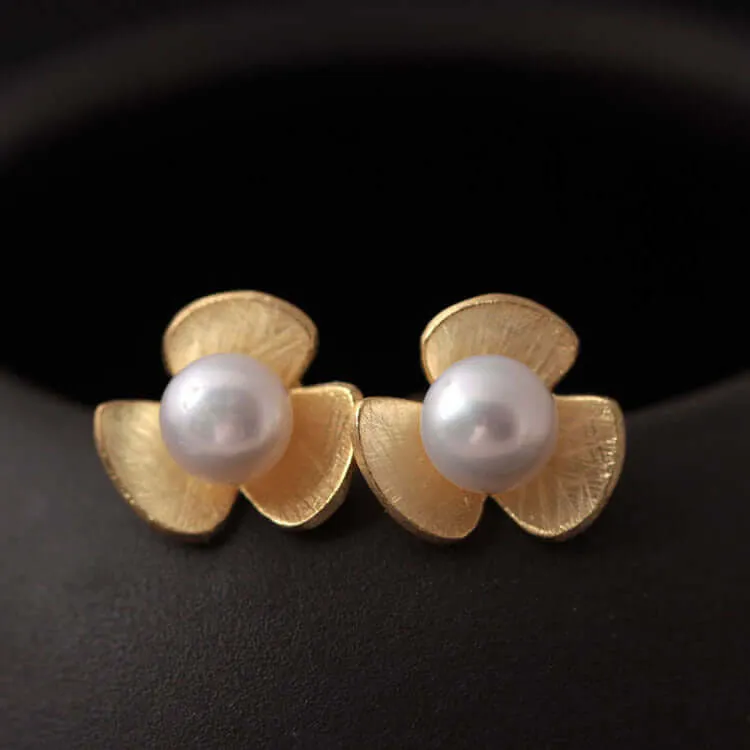 925 Silver Three Petal Flower Pearl Earrings