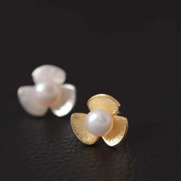 925 Silver Three Petal Flower Pearl Earrings