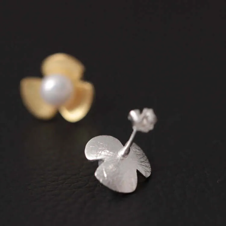 925 Silver Three Petal Flower Pearl Earrings