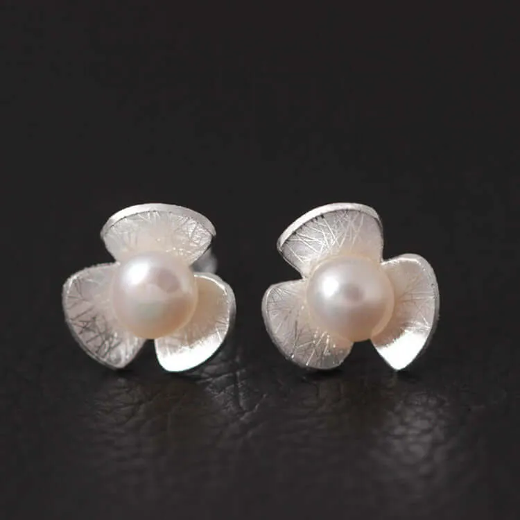 925 Silver Three Petal Flower Pearl Earrings