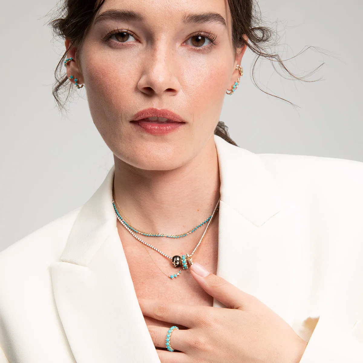 Adina - Graduated Turquoise   Diamond Curve Necklace in Y14k