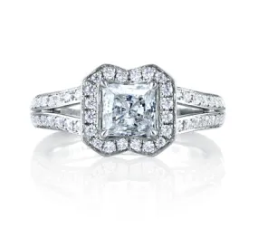 A.JAFFE ART DECO DESIGNER SPLIT SHANK PRINCESS HALO ENGAGEMENT RING 0.42            (not including