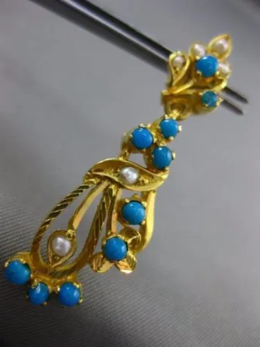 ANTIQUE AAA TURQOUISE & PEARL 22KT GOLD HANDCRAFTED LEAF HANGING EARRINGS
