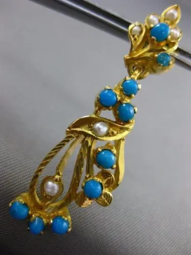 ANTIQUE AAA TURQOUISE & PEARL 22KT GOLD HANDCRAFTED LEAF HANGING EARRINGS