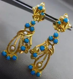 ANTIQUE AAA TURQOUISE & PEARL 22KT GOLD HANDCRAFTED LEAF HANGING EARRINGS