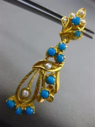 ANTIQUE AAA TURQOUISE & PEARL 22KT GOLD HANDCRAFTED LEAF HANGING EARRINGS