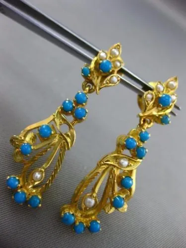 ANTIQUE AAA TURQOUISE & PEARL 22KT GOLD HANDCRAFTED LEAF HANGING EARRINGS