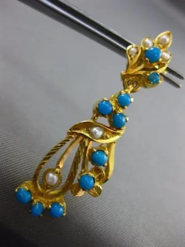 ANTIQUE AAA TURQOUISE & PEARL 22KT GOLD HANDCRAFTED LEAF HANGING EARRINGS