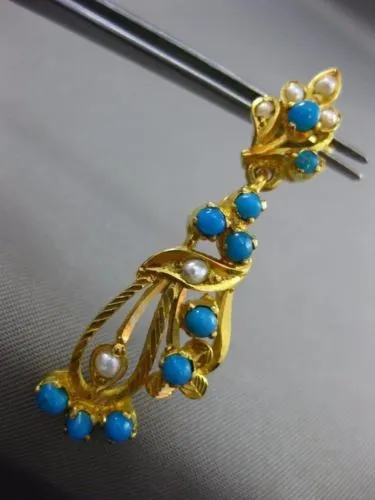 ANTIQUE AAA TURQOUISE & PEARL 22KT GOLD HANDCRAFTED LEAF HANGING EARRINGS