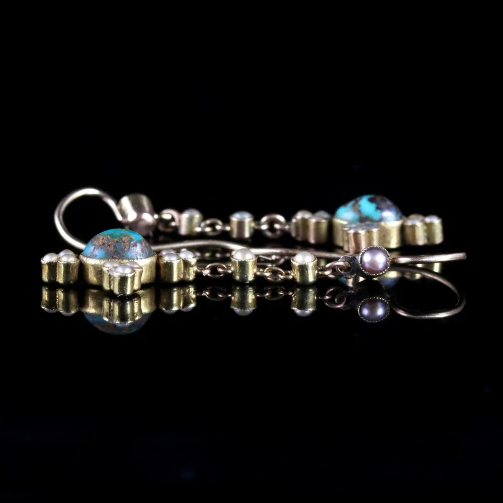 Antique Victorian Turquoise And Pearl 18Ct Earrings Circa 1880