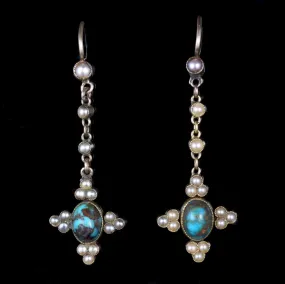 Antique Victorian Turquoise And Pearl 18Ct Earrings Circa 1880