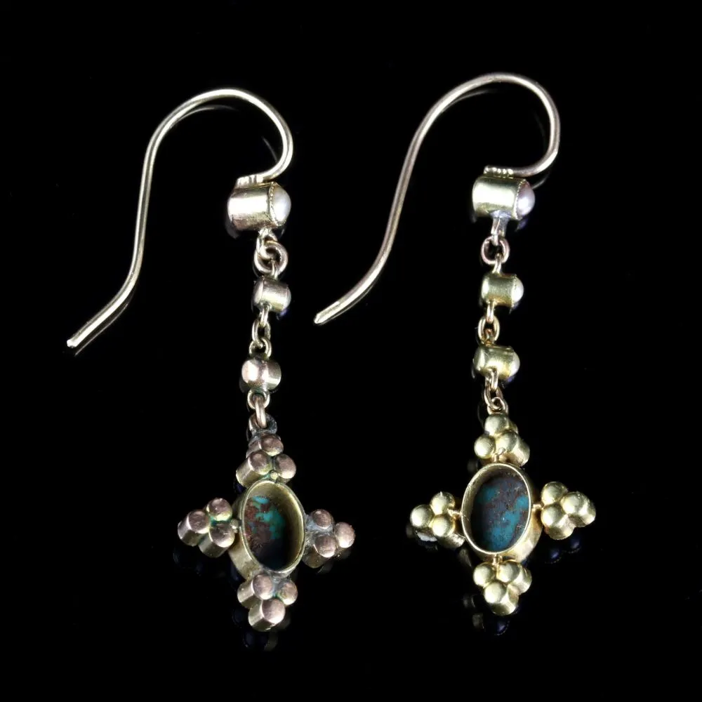 Antique Victorian Turquoise And Pearl 18Ct Earrings Circa 1880