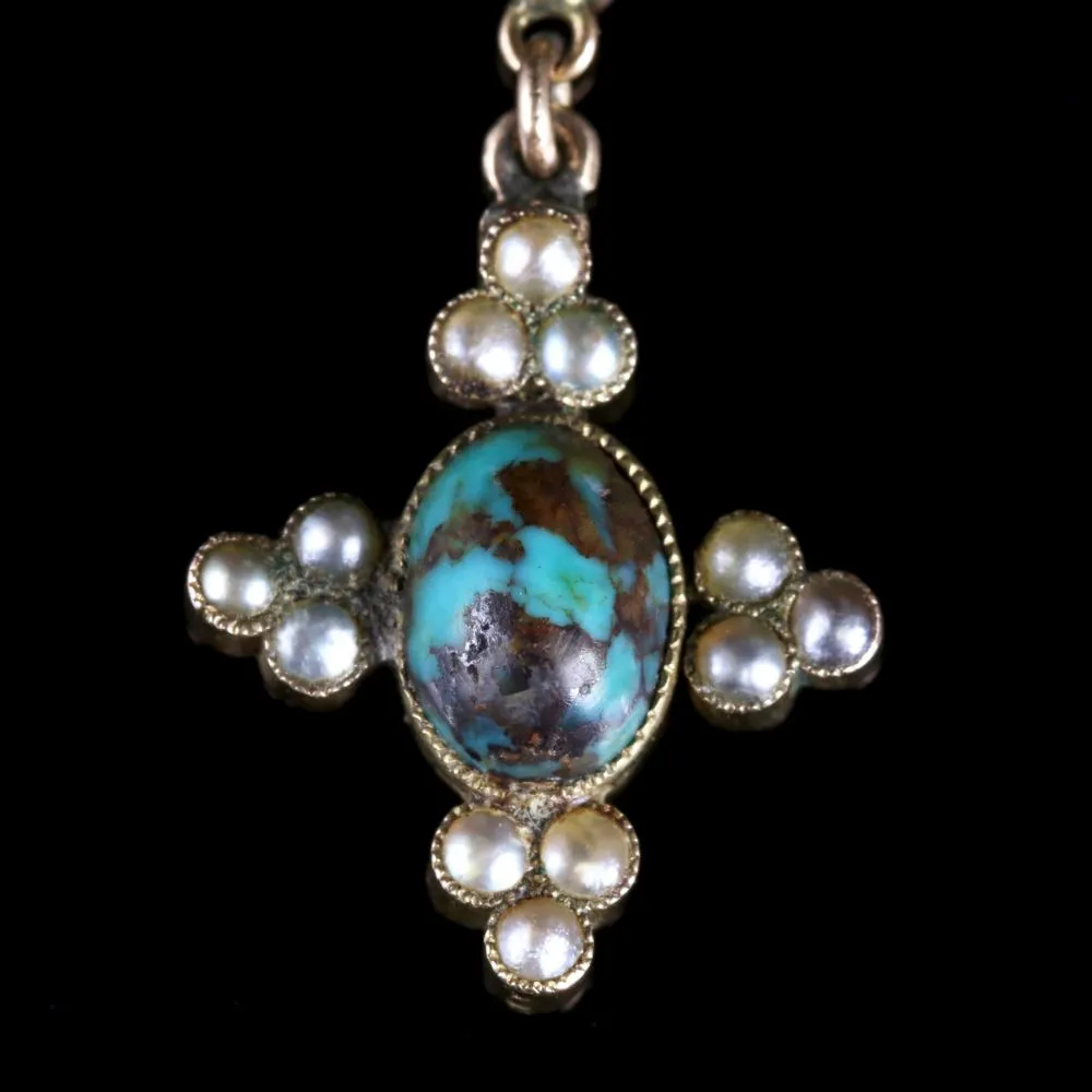Antique Victorian Turquoise And Pearl 18Ct Earrings Circa 1880