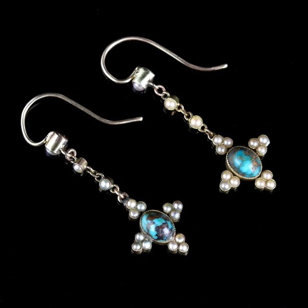 Antique Victorian Turquoise And Pearl 18Ct Earrings Circa 1880