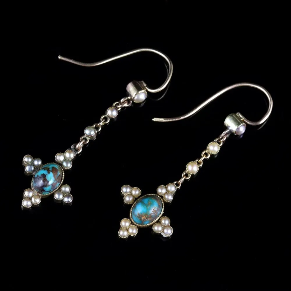 Antique Victorian Turquoise And Pearl 18Ct Earrings Circa 1880