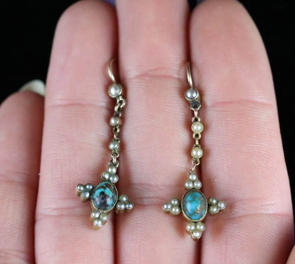 Antique Victorian Turquoise And Pearl 18Ct Earrings Circa 1880