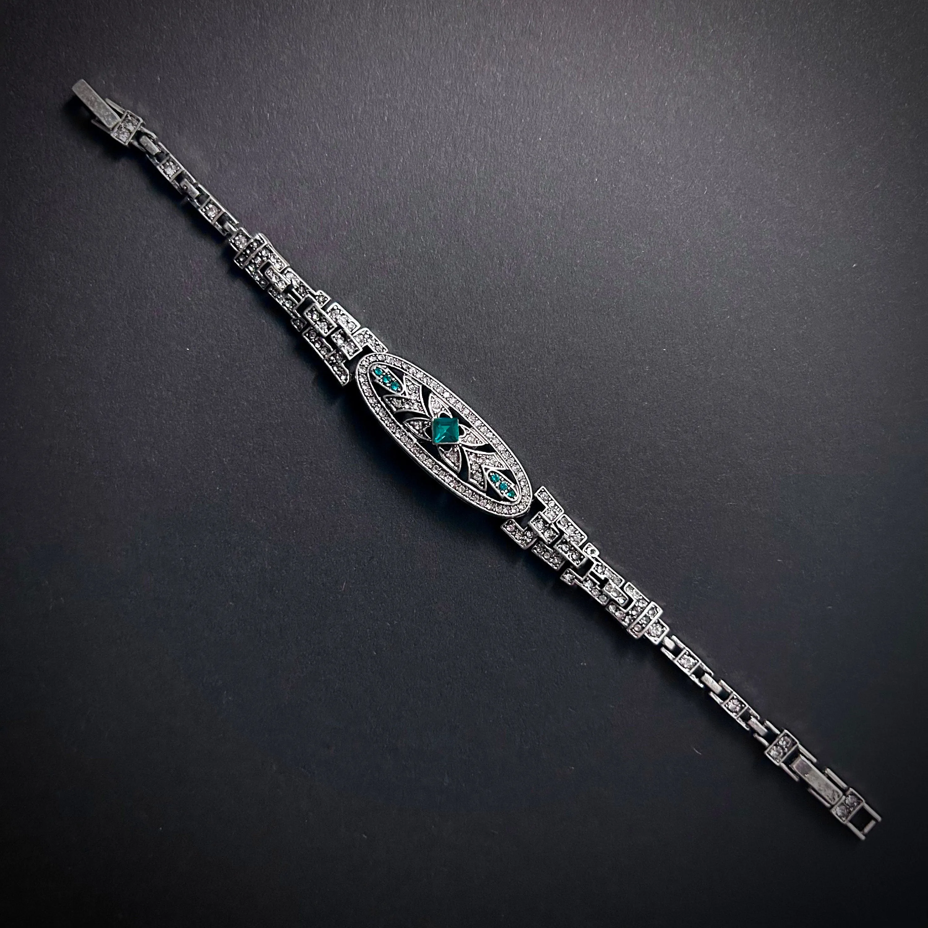 Art Nouveau Silver, Rhinestone & Emerald Crystal Bracelet