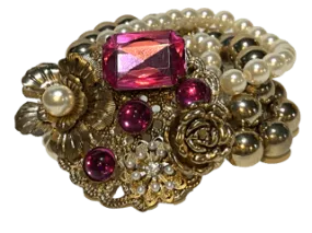 Barbie-Pink Pearl and Rhinestone Bracelet - Vibrant Vintage Jewelry